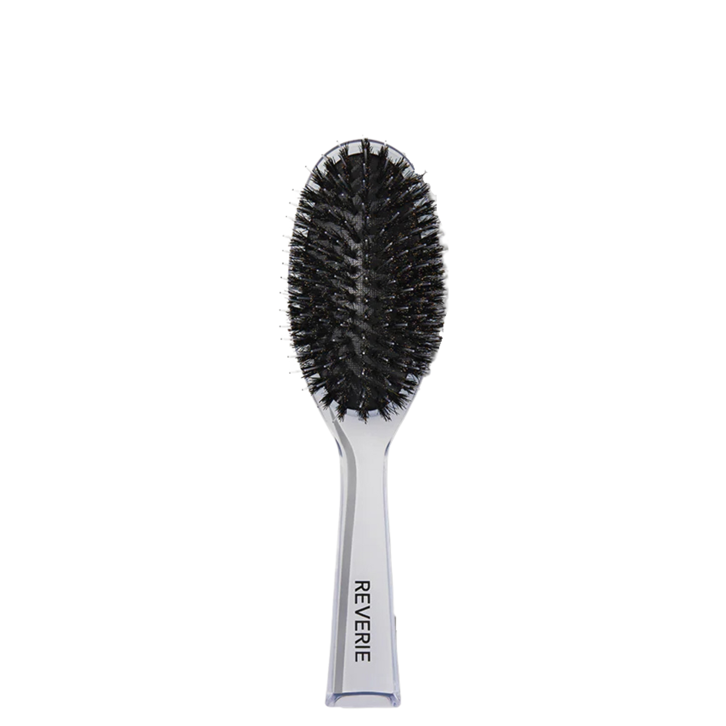 Hairbrush with black bristles and silver handle on a white background