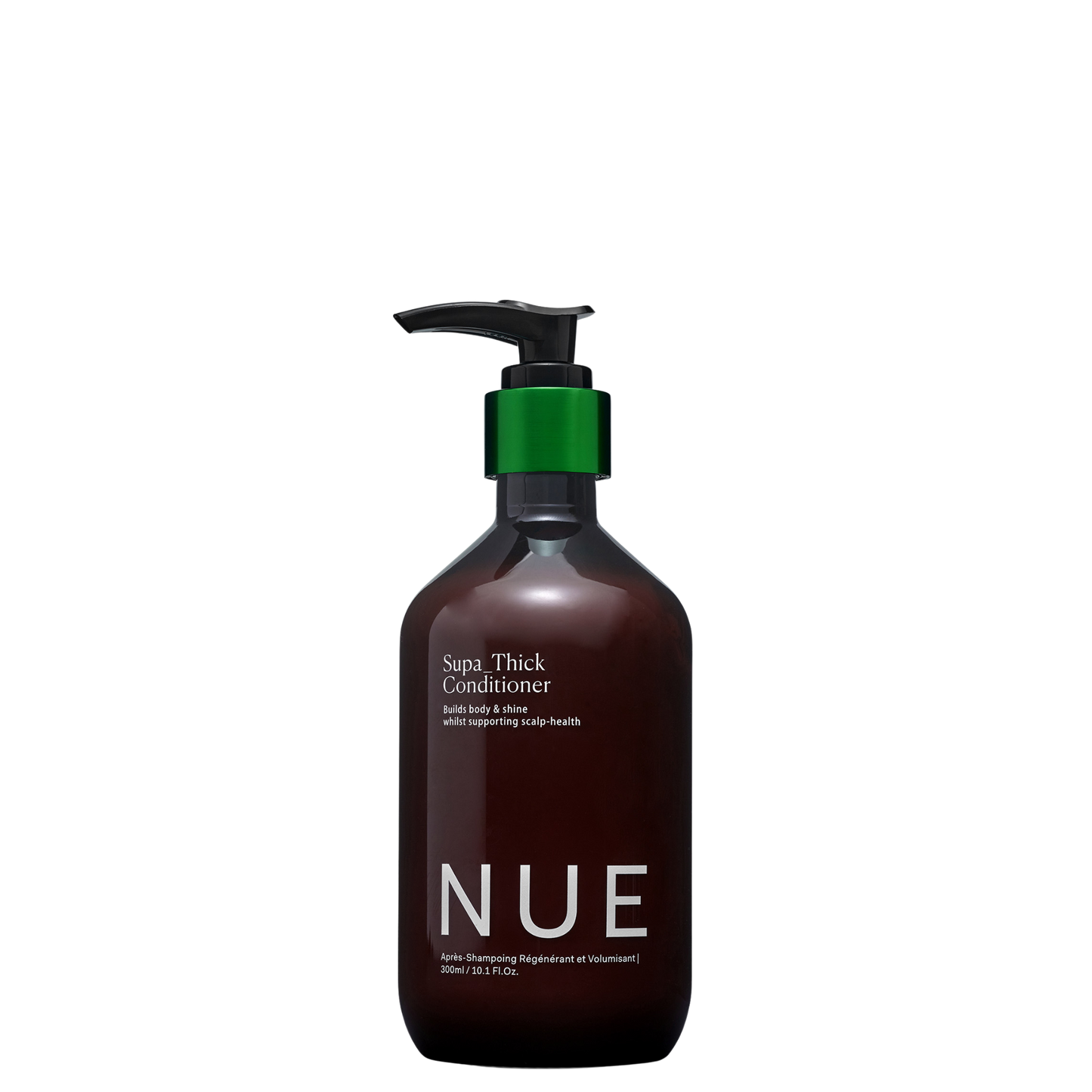 Brown conditioner bottle with pump labeled 'NUE' on a white background