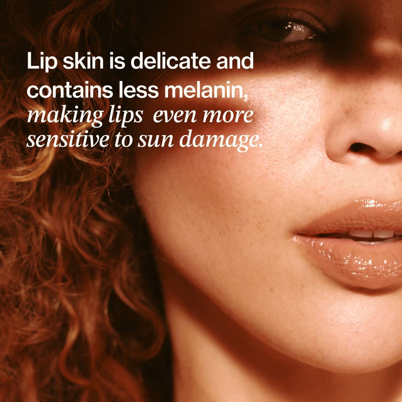 Close-up of a woman's face with text about lip skin sensitivity to sun damage.