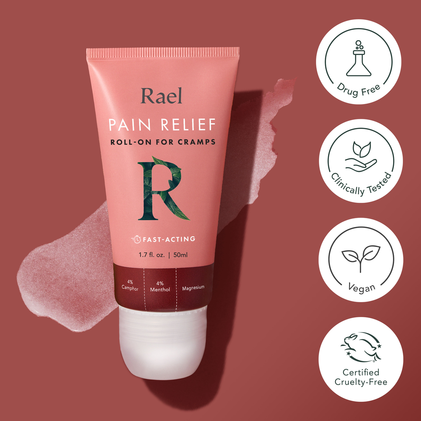 Rael Pain Relief roll-on for cramps on a red background with product features displayed.