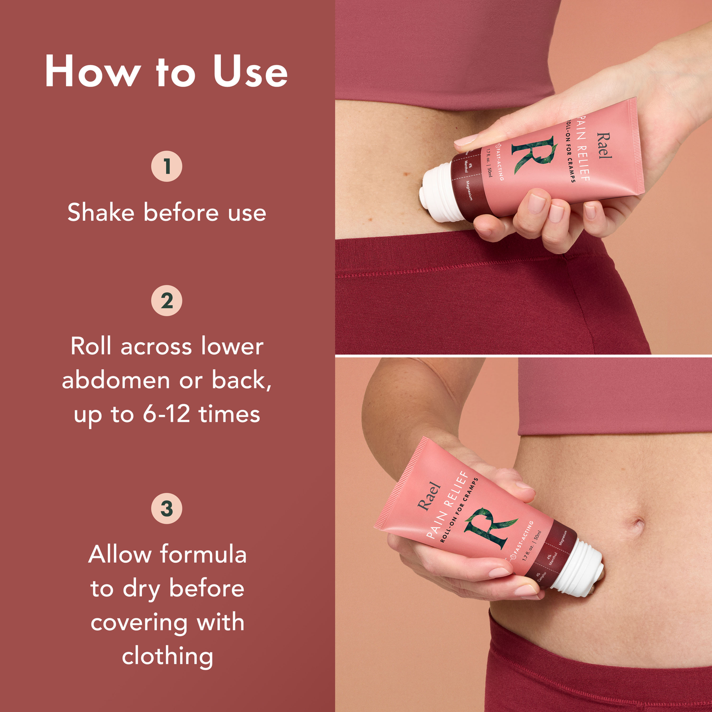 Instructions on how to use a product, with a person holding a pink bottle and applying it to their abdomen.