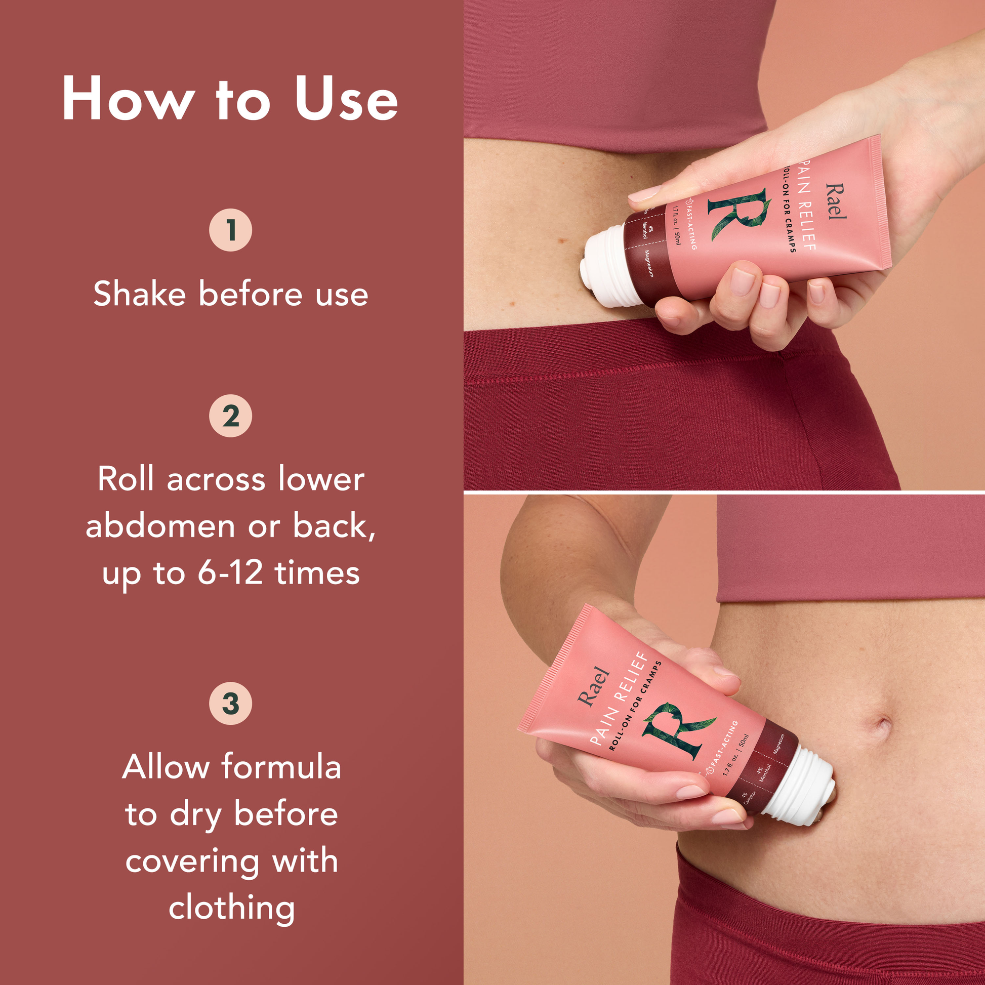 Instructions on how to use a product, with a person holding a pink bottle and applying it to their abdomen.