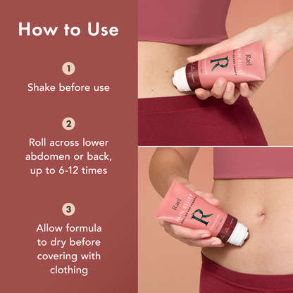 Instructions on how to use a product, with a person holding a pink bottle and applying it to their abdomen.