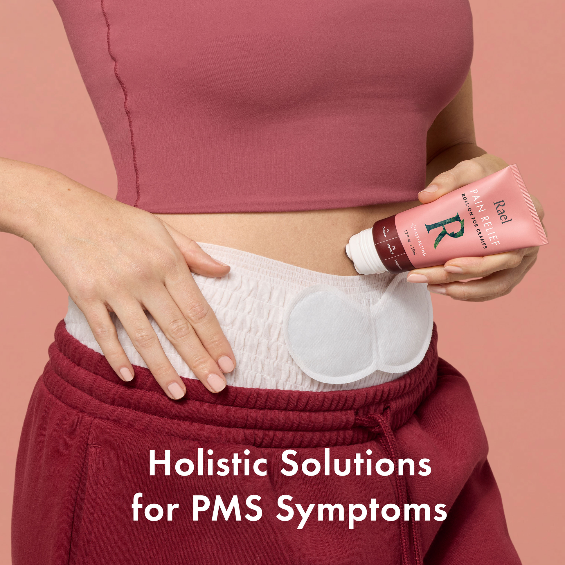 Person wearing a PMS patch and holding a product with text 'Holistic Solutions for PMS Symptoms' on a pink background.
