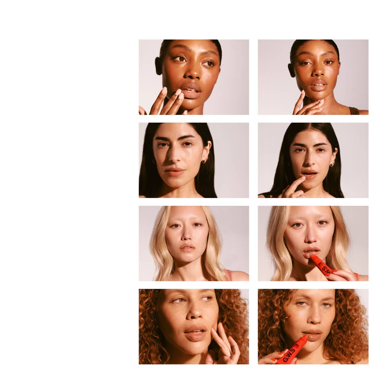 Grid of six individuals with close-up shots of their faces and hands on a light background.