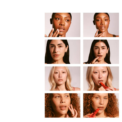 Grid of six individuals with close-up shots of their faces and hands on a light background.