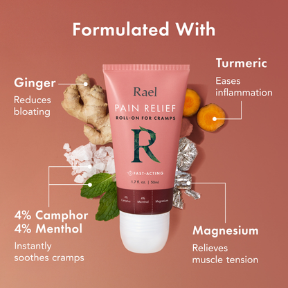 Rael Pain Relief roll-on for cramps with ingredients and benefits on a brown background