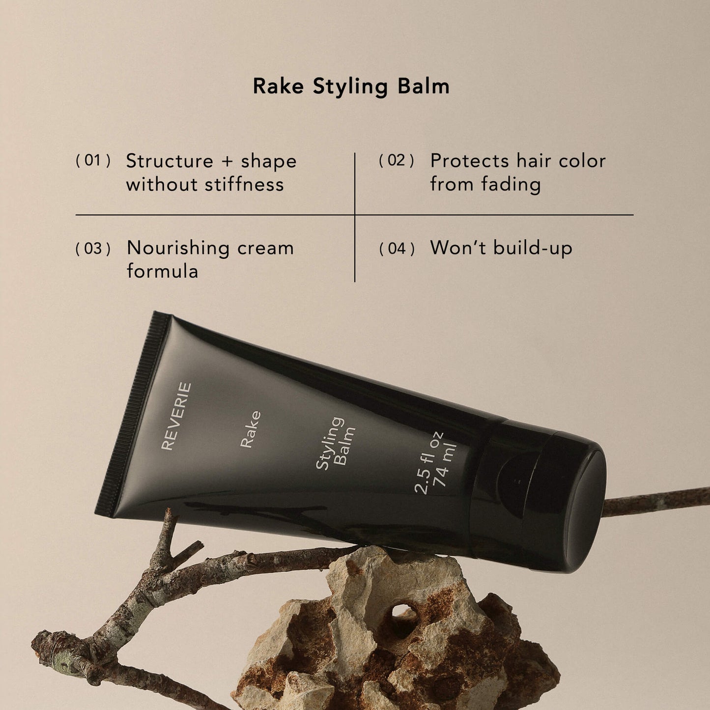 Reverie Rake Styling Balm tube with product features on a beige background