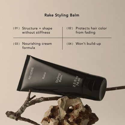 Reverie Rake Styling Balm tube with product features on a beige background