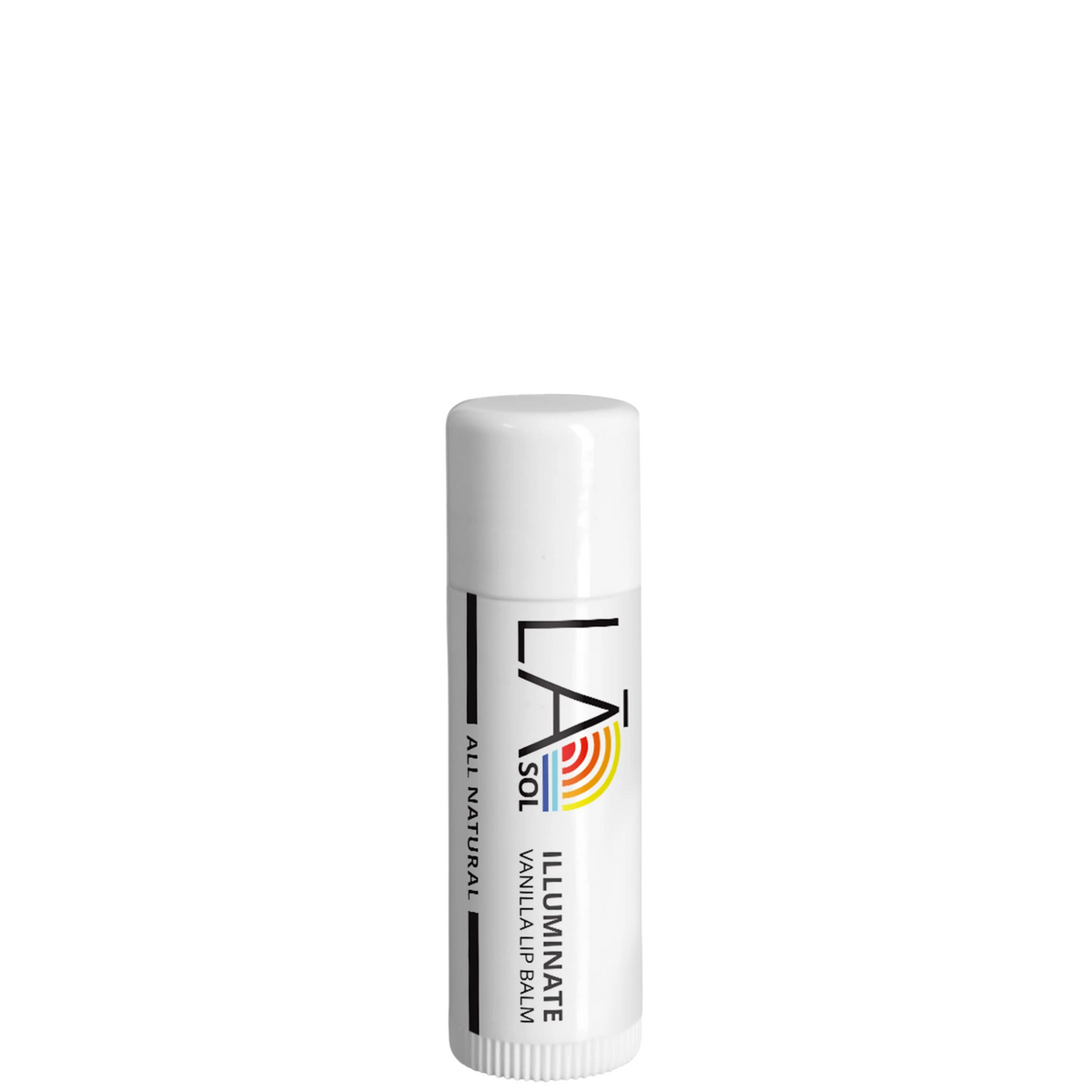 LA Sol Illuminate Vanilla Lip Balm in a white cylindrical tube with a white cap, featuring black text and a small red and yellow sunburst logo on a clean white background.