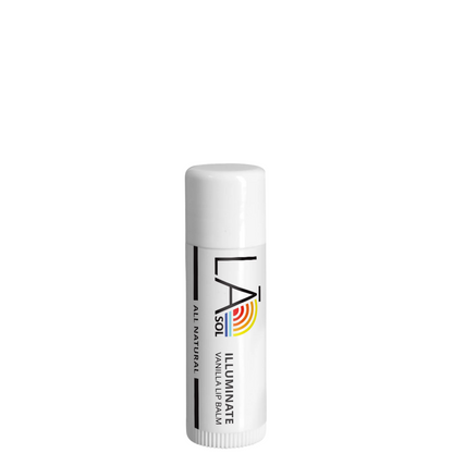 LA Sol Illuminate Vanilla Lip Balm in a white cylindrical tube with a white cap, featuring black text and a small red and yellow sunburst logo on a clean white background.