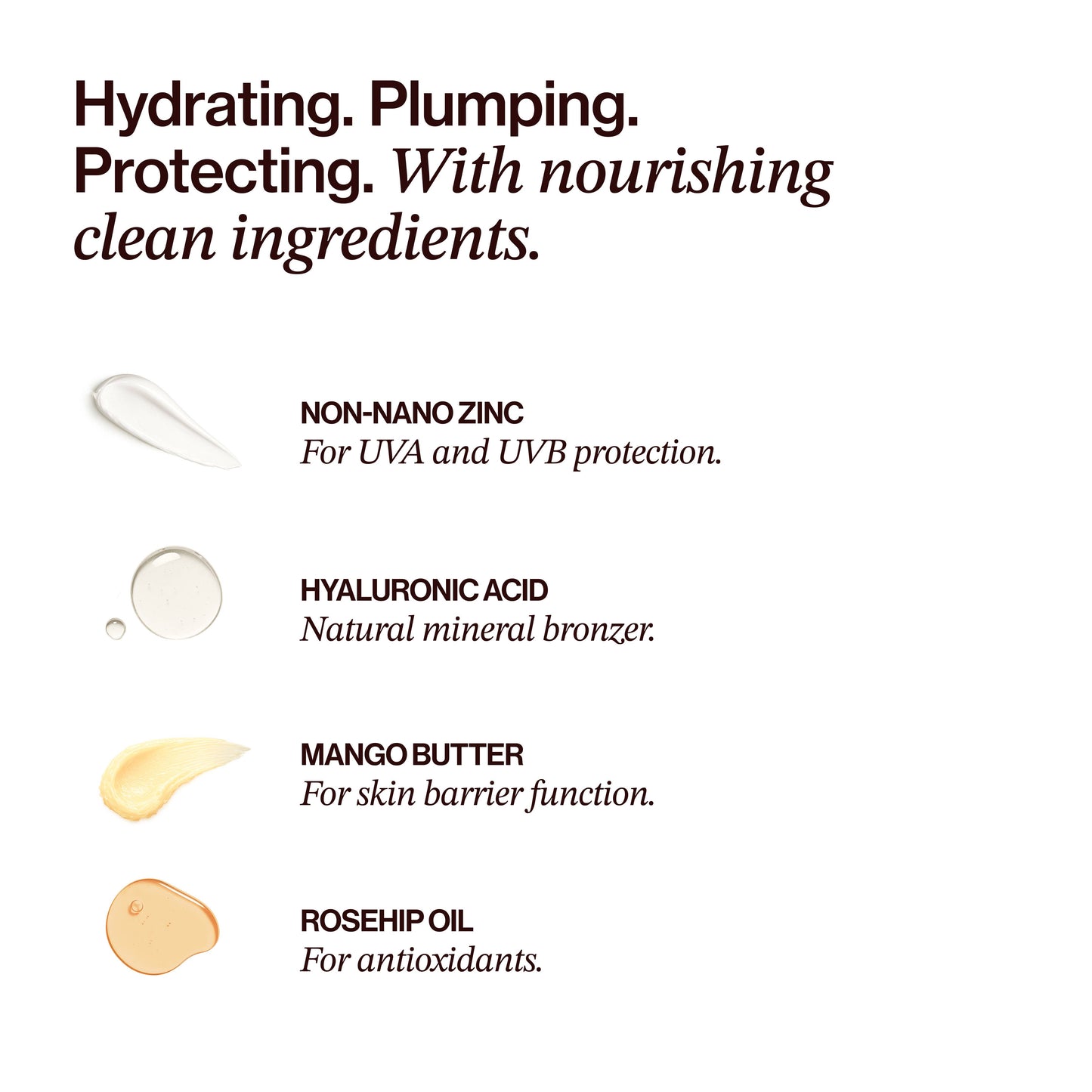 List of skincare ingredients with droplet illustrations on a white background
