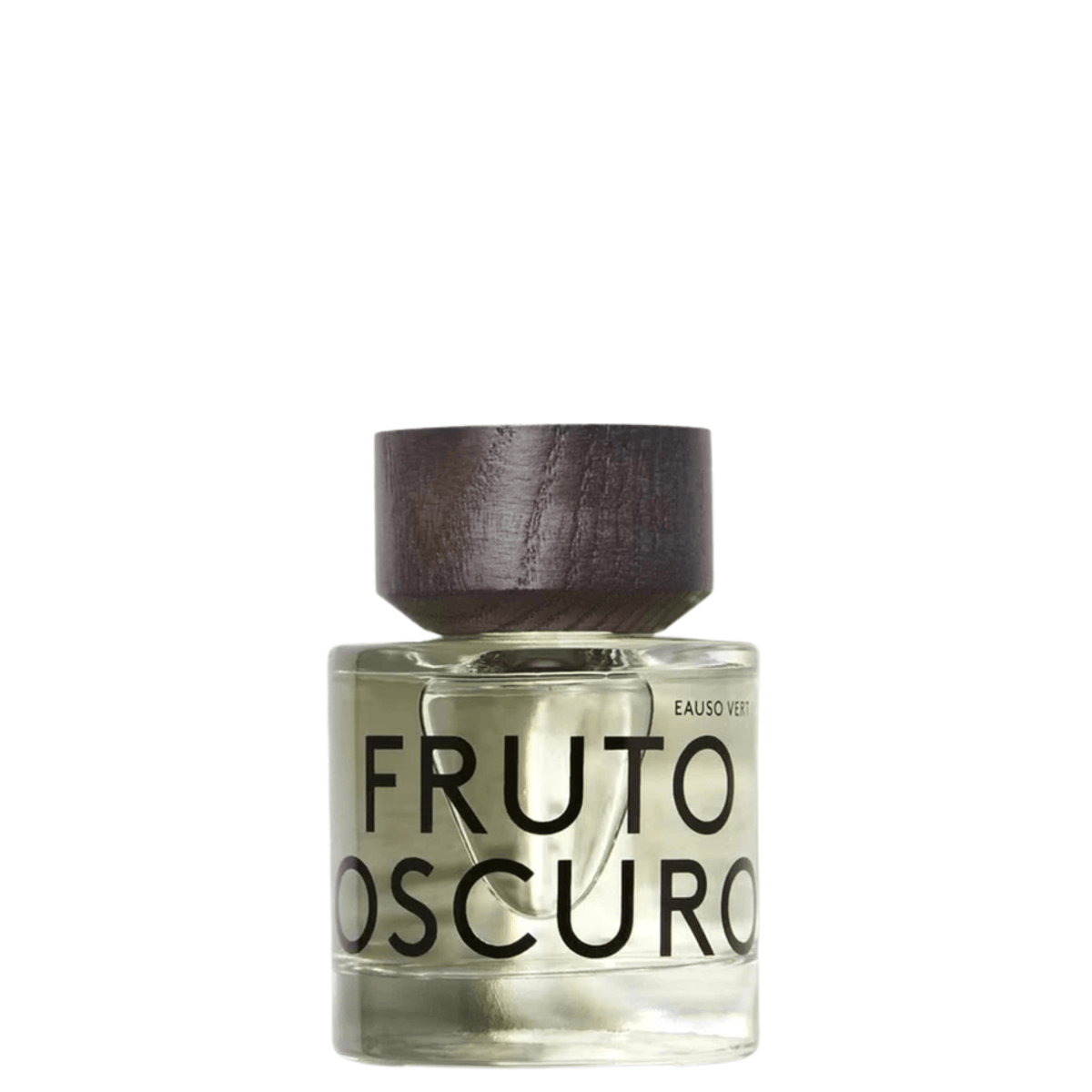 A bottle of Fruto Oscuro Eau de Vie fragrance with a dark brown wooden cap and clear glass bottle showing a light amber liquid, set against a plain white background.