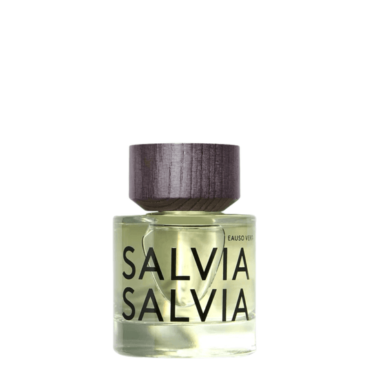 Salvia Salvia Eau de Verre perfume bottle with a dark wood-textured cap and clear glass body showing pale yellow-green liquid, on a white background.