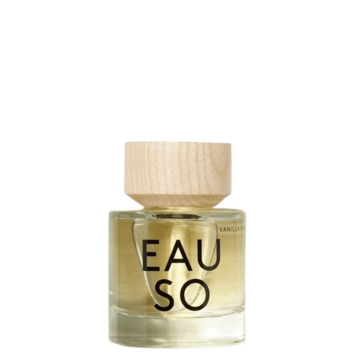 A bottle of Eau So vanilla fragrance with a light wood cap and clear glass bottle showing the golden-amber liquid inside, set against a plain white background.
