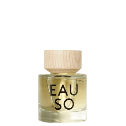 A bottle of Eau So vanilla fragrance with a light wood cap and clear glass bottle showing the golden-amber liquid inside, set against a plain white background.