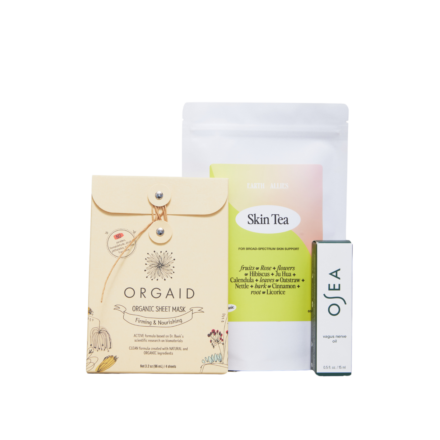 Earth Allies Skin Tea + Orgaid Sheet Mask Nourishing + Osea Vagus Nerve Oil