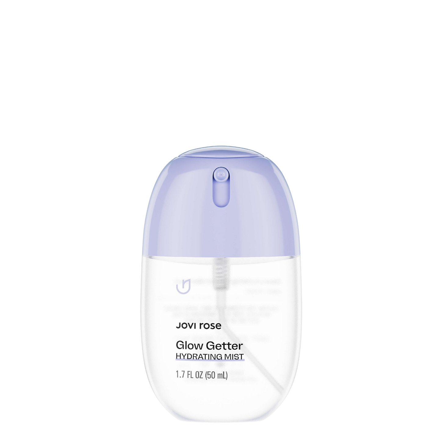 Jovi rose Glow Getter Hydrating Mist in a 1.7 fl oz clear bottle with a translucent lavender purple cap, shown on a solid white background.