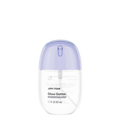 Jovi rose Glow Getter Hydrating Mist in a 1.7 fl oz clear bottle with a translucent lavender purple cap, shown on a solid white background.