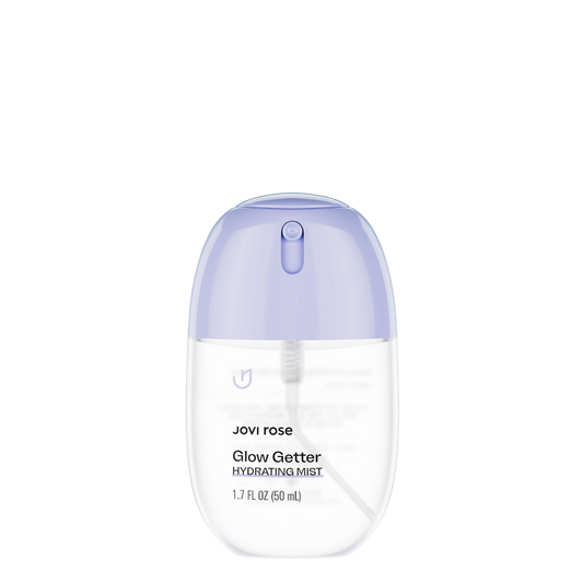 Jovi rose Glow Getter Hydrating Mist in a 1.7 fl oz clear bottle with a translucent lavender purple cap, shown on a solid white background.
