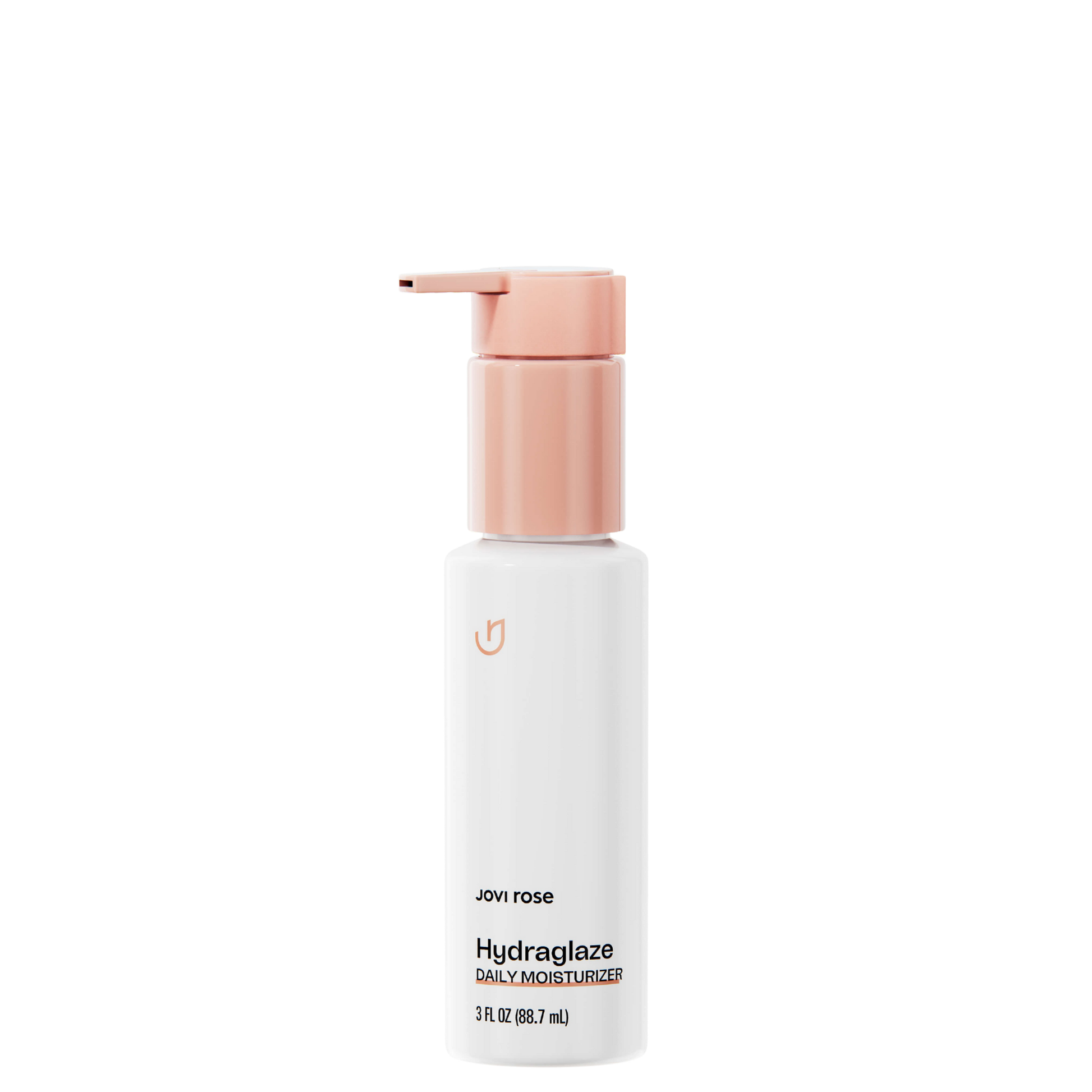 A 3 fl oz white bottle of Jovi Rose Hydraglaze Daily Moisturizer with a metallic rose gold pump dispenser, shown on a clean white background.