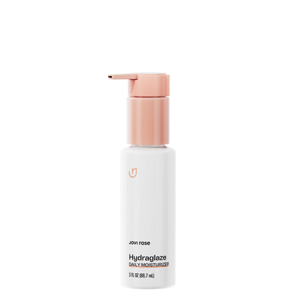 A 3 fl oz white bottle of Jovi Rose Hydraglaze Daily Moisturizer with a metallic rose gold pump dispenser, shown on a clean white background.