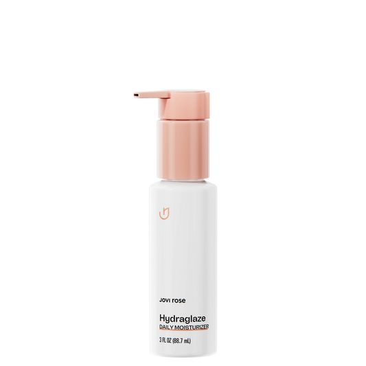 A 3 fl oz white bottle of Jovi Rose Hydraglaze Daily Moisturizer with a metallic rose gold pump dispenser, shown on a clean white background.