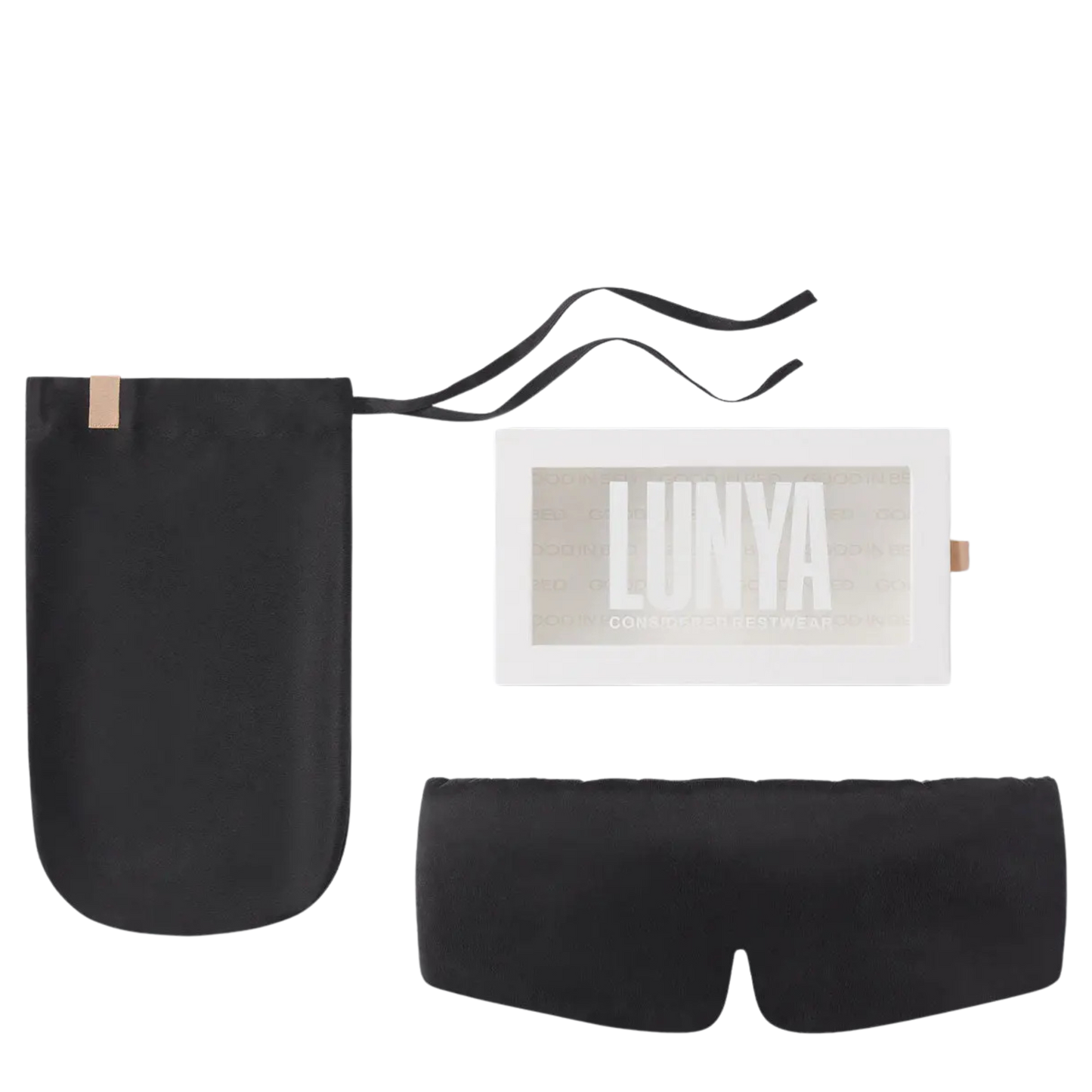 Black sleep mask, black pouch, and white pouch with 'LIUNYA' branding on a white background.