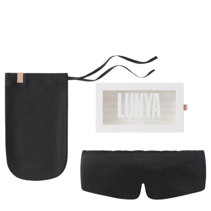 Black sleep mask, black pouch, and white pouch with 'LIUNYA' branding on a white background.