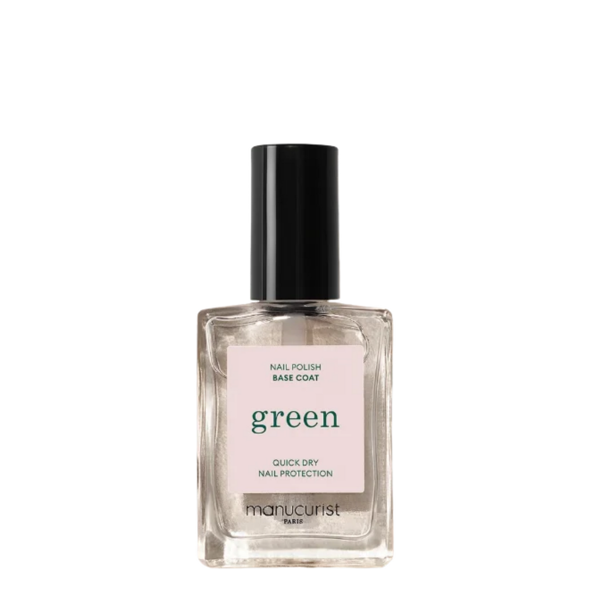 A bottle of manucurist nail polish base coat in the shade 'green', featuring a clear glass bottle with a black cap and a pale pink label.