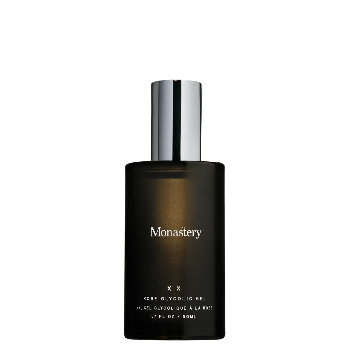 Monastery XX Rose Glycolic Gel in a dark amber glass bottle with a reflective silver cap, shown on a plain white background.