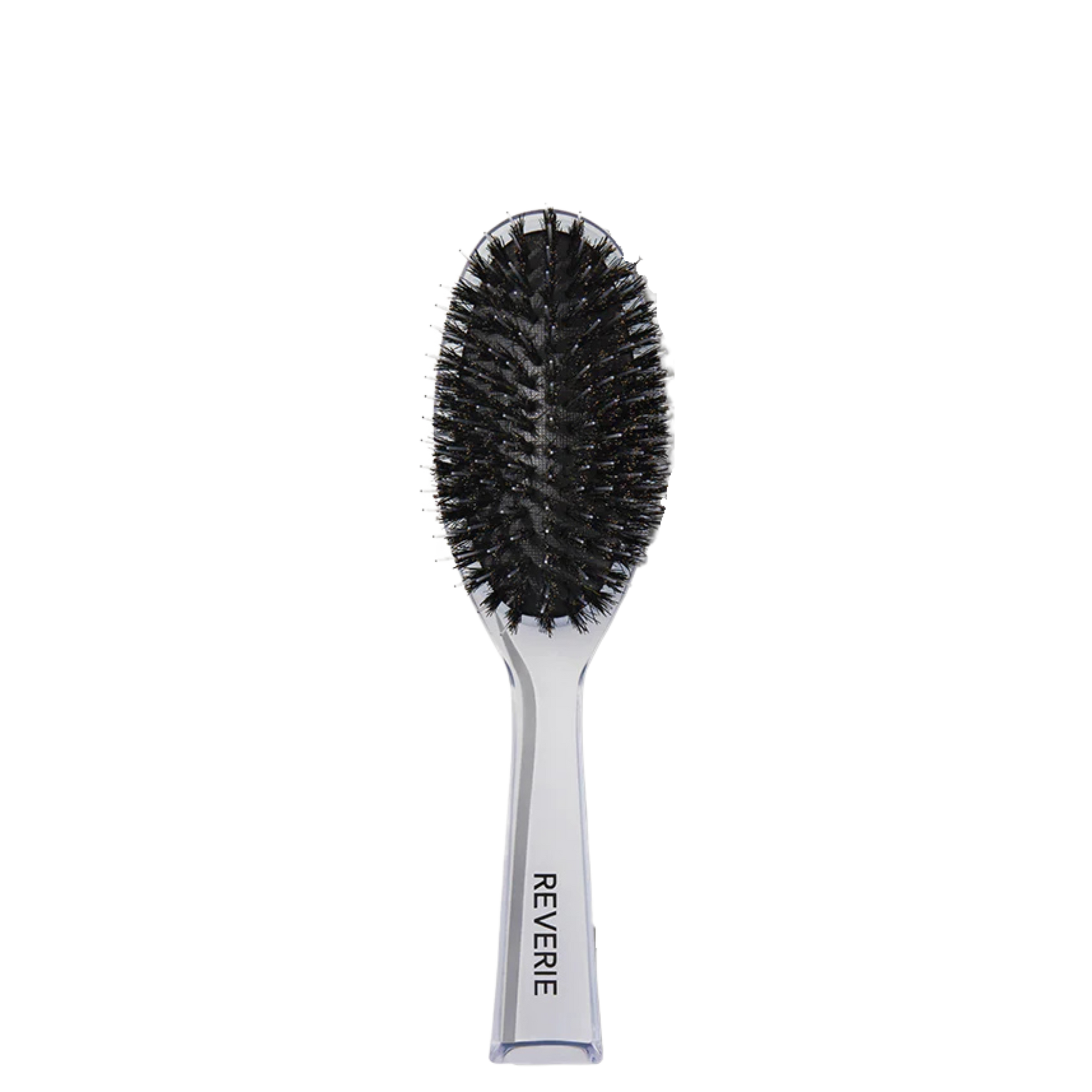 Hairbrush with black bristles and silver handle on a white background