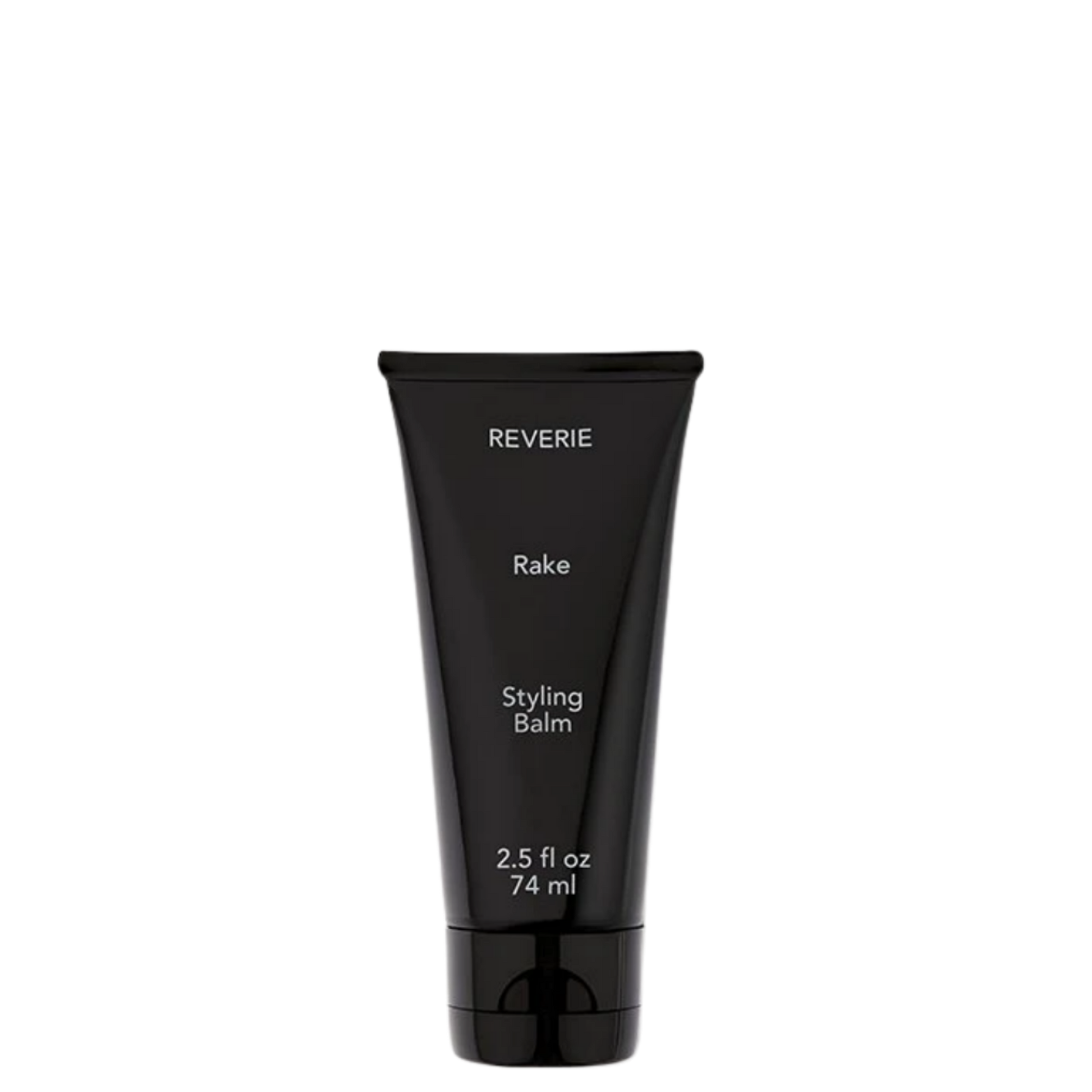 A black squeeze tube of REVERIE Rake Styling Balm, 2.5 fl oz (74 ml), shown against a plain white background.