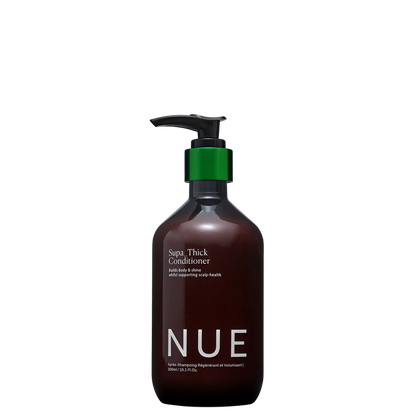 Brown conditioner bottle with pump labeled 'NUE' on a white background