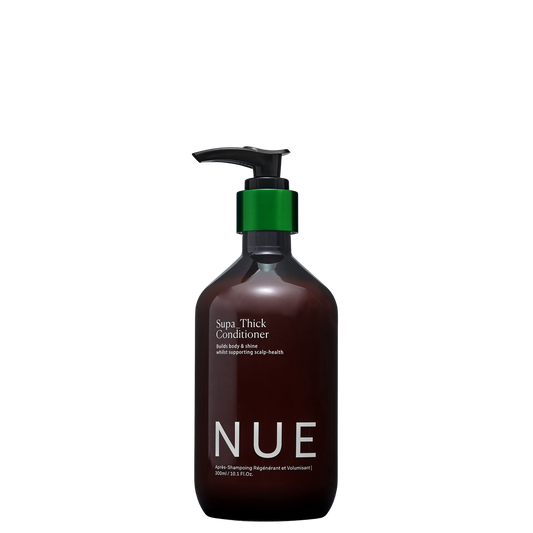 Brown conditioner bottle with pump labeled 'NUE' on a white background